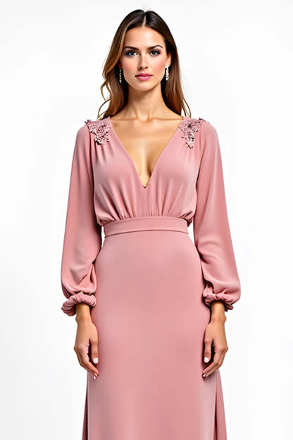 Dusty Rose V-Neck Long Sleeves Wedding Guest Dress