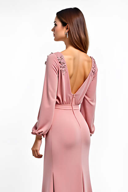 Dusty Rose V-Neck Long Sleeves Wedding Guest Dress