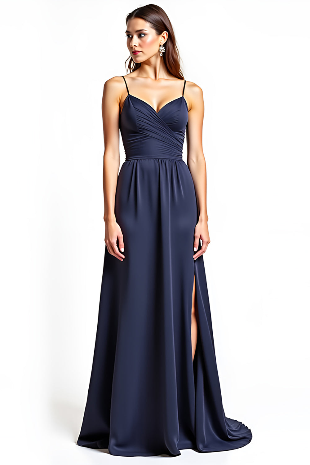 Navy A Line Spaghetti Straps Long Wedding Guest Dress with Slit