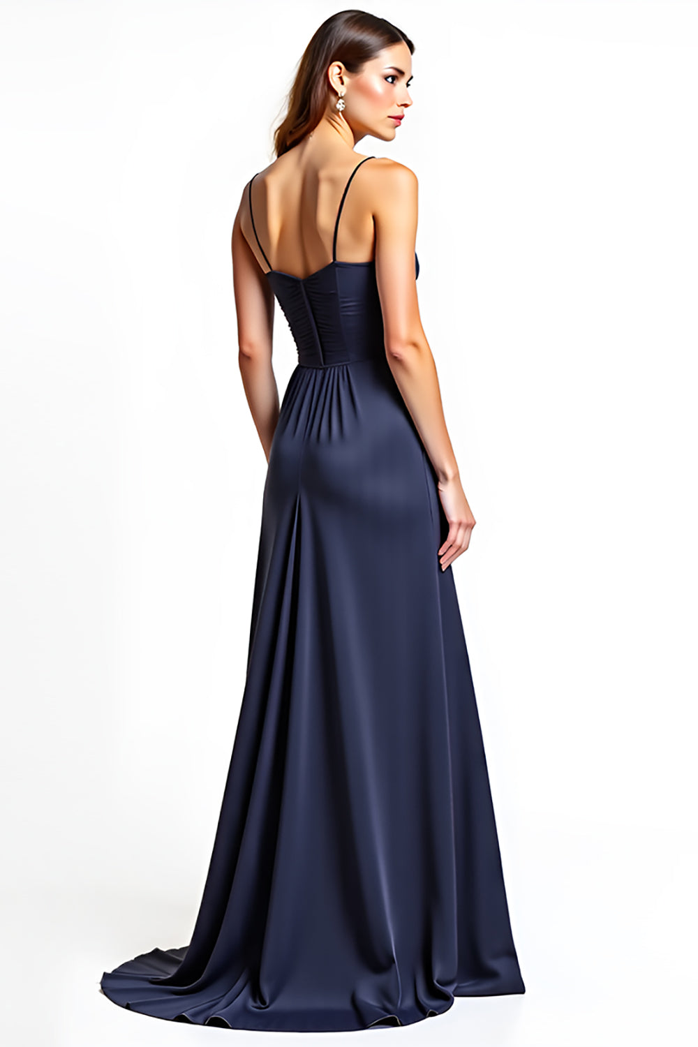 Navy A Line Spaghetti Straps Long Wedding Guest Dress with Slit