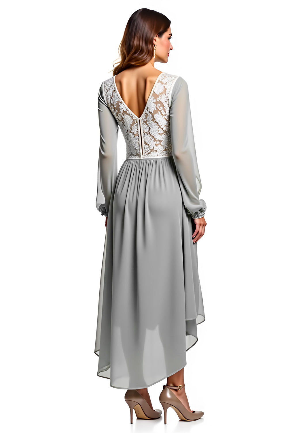 Silver Ivory Chiffon V Neck A Line High-Low Bridesmaid Dress