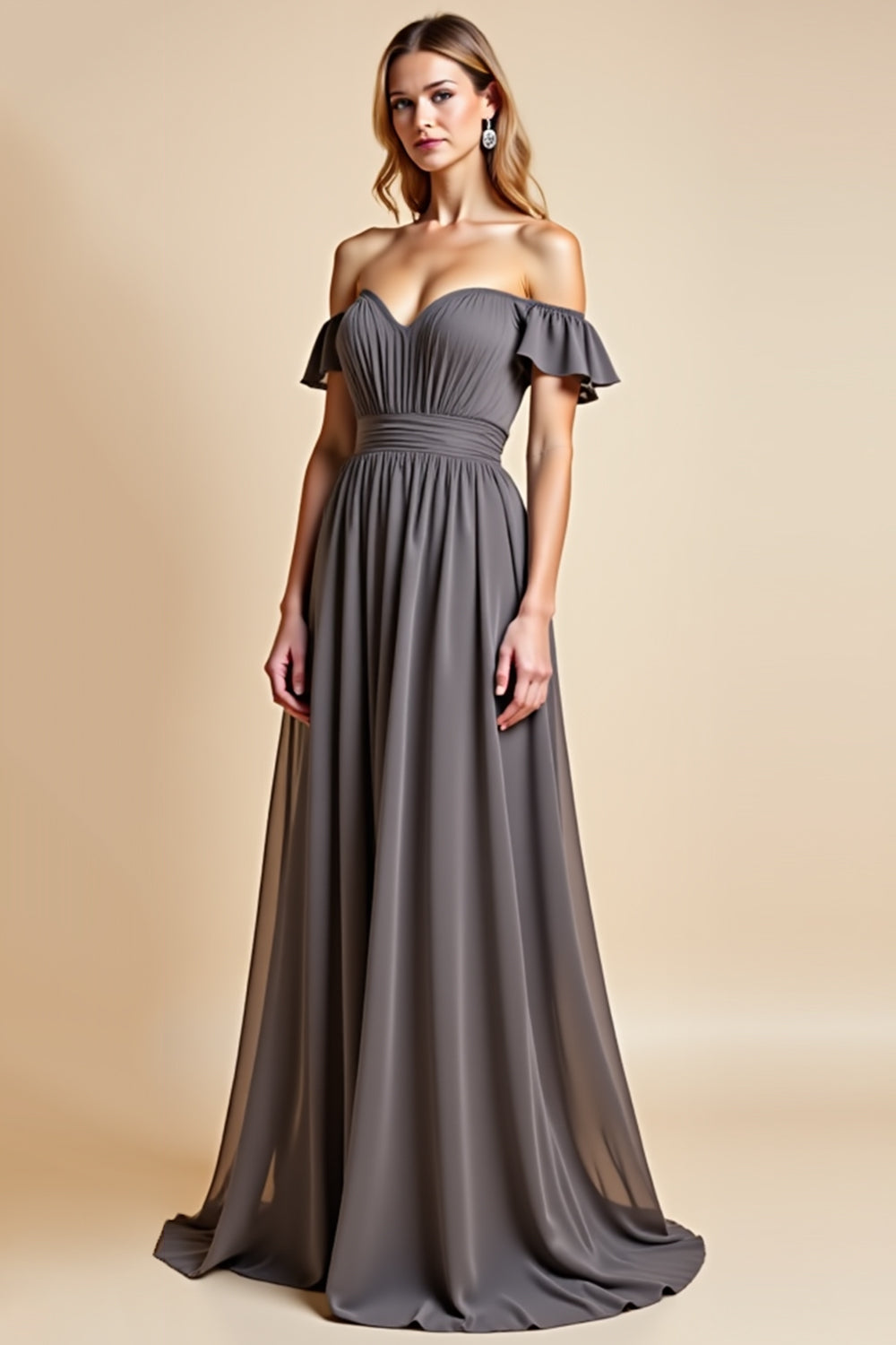 Leely Women Steel Grey A Line Chiffon Long Bridesmaid Dress Off the Shoulder Backless Ruffled Sweetheart Formal Dress