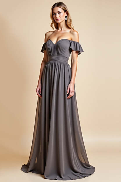 Leely Women Steel Grey A Line Chiffon Long Bridesmaid Dress Off the Shoulder Backless Ruffled Sweetheart Formal Dress