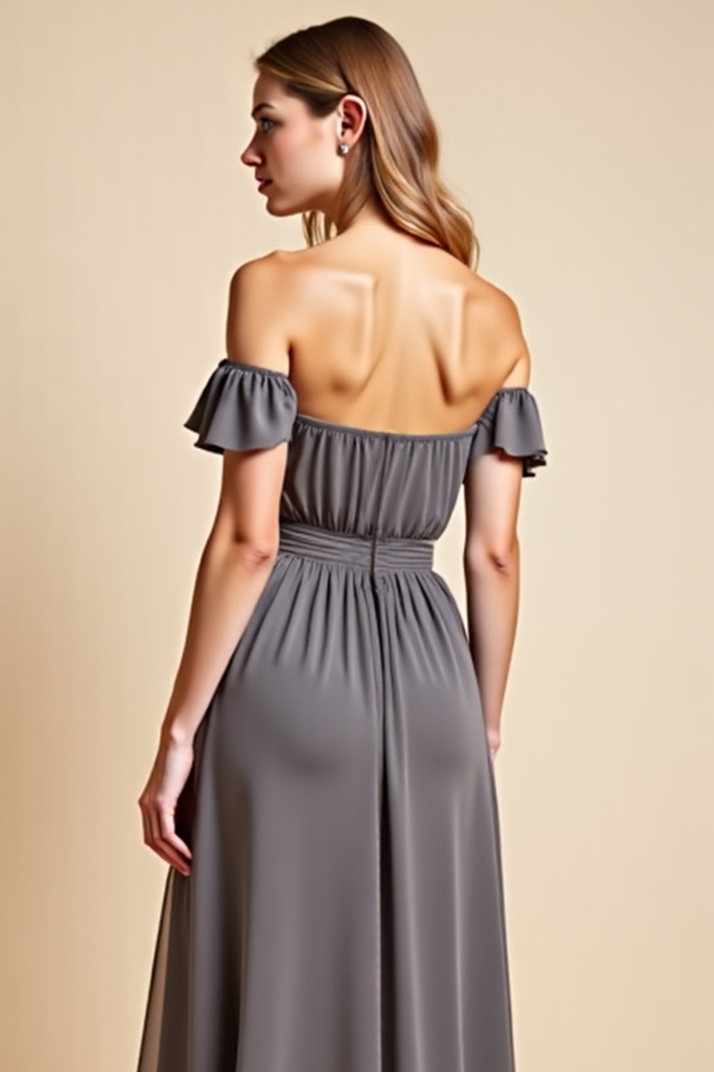 Off the Shoulder Steel Grey Chiffon A Line Long Bridesmaid Dress