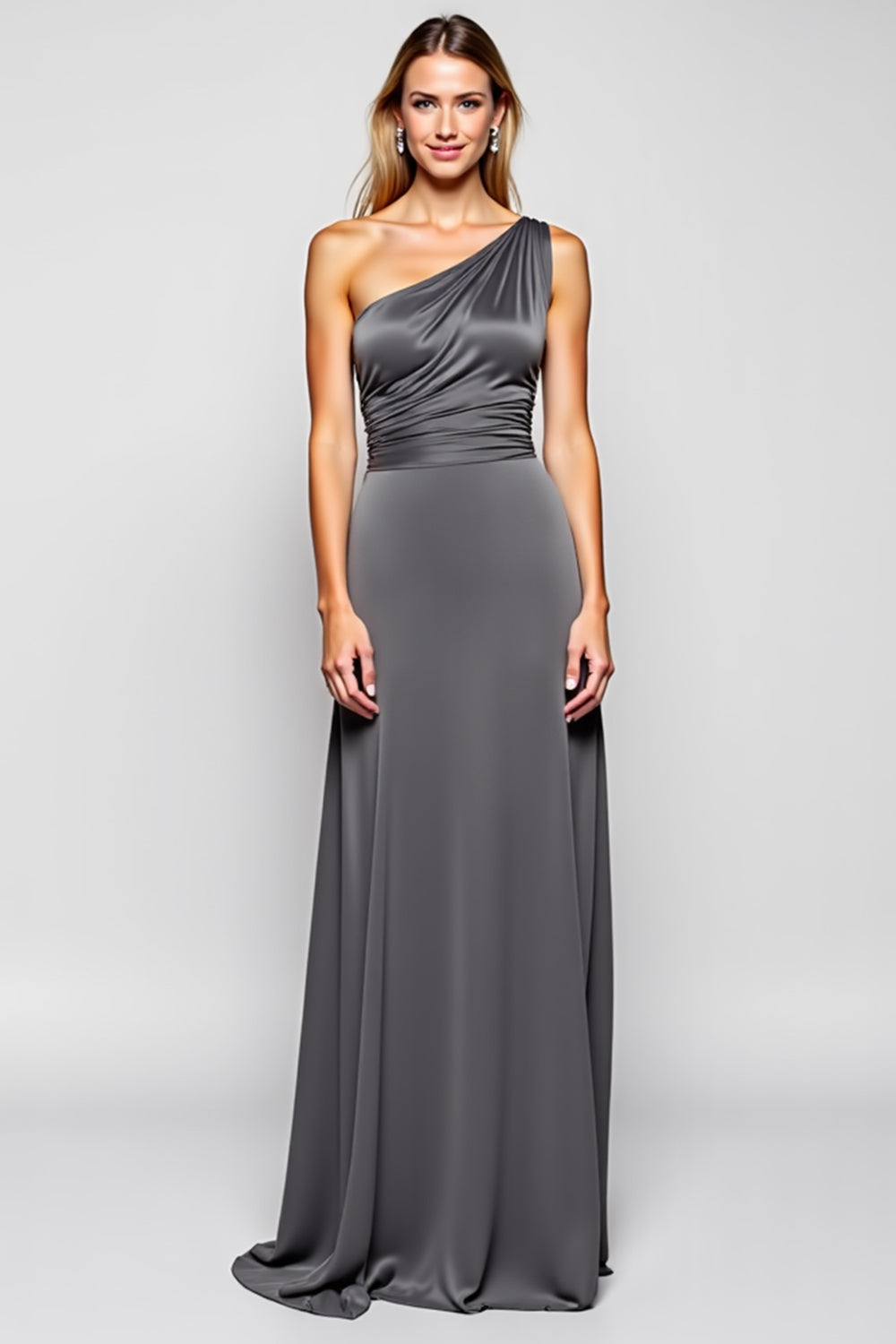 Leely Women Steel Grey Sheath Long Bridesmaid Dress One Shoulder Sleeveless Wedding Guest Dress