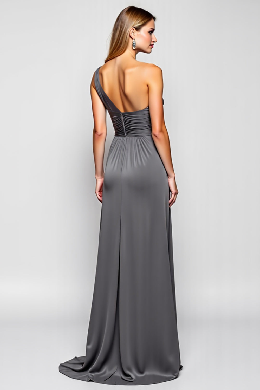 One Shoulder Steel Grey Sheath Sleeveless Long Bridesmaid Dress