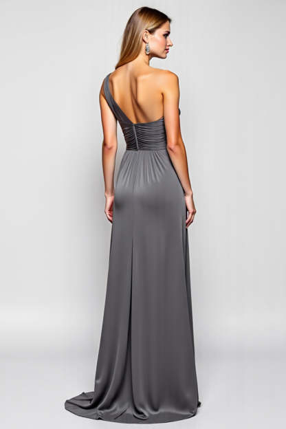 One Shoulder Steel Grey Sheath Sleeveless Long Bridesmaid Dress