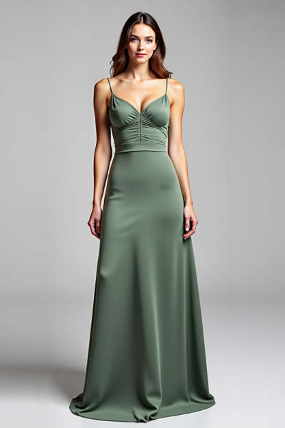 Leely Women Eucalyptus Satin Long Bridesmaid Dress V-Neck Spaghetti Straps Backless A Line Formal Dress