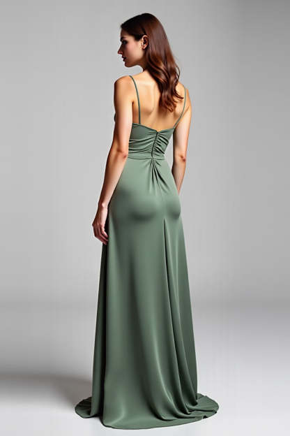 Eucalyptus Spaghetti Straps V Neck Satin Long Bridesmaid Dress