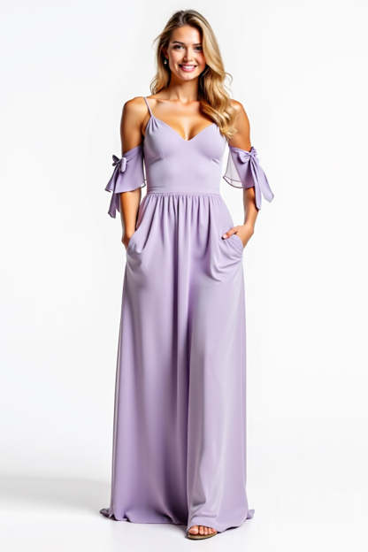 Leely Women A Line Lilac V-Neck Long Bridesmaid Dress with Pockets Spaghetti Straps Chiffon Bowknot Backless Wedding Guest Dress