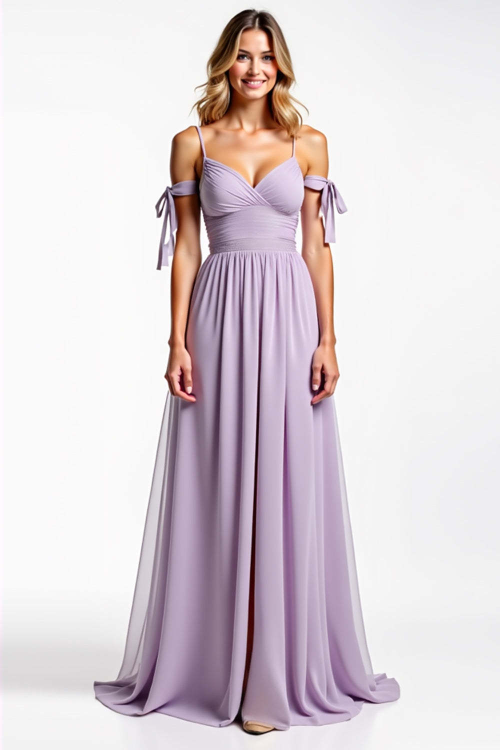 Spaghetti Straps Lilac Chiffon Ruched A Line Long Bridesmaid Dress