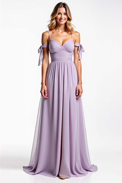 Spaghetti Straps Lilac Chiffon Ruched A Line Long Bridesmaid Dress