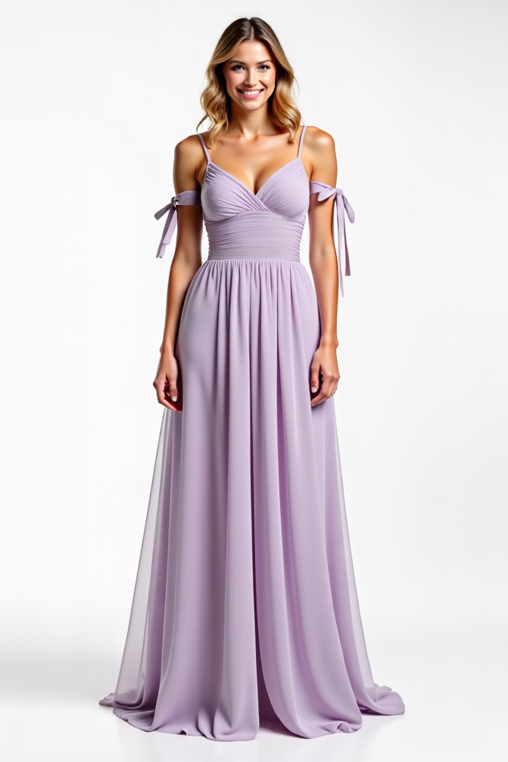 Leely Women Lilac A Line Chiffon Long Bridesmaid Dress Spaghetti Straps Ruched Backless Wedding Guest Dress