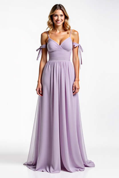 Leely Women Lilac A Line Chiffon Long Bridesmaid Dress Spaghetti Straps Ruched Backless Wedding Guest Dress