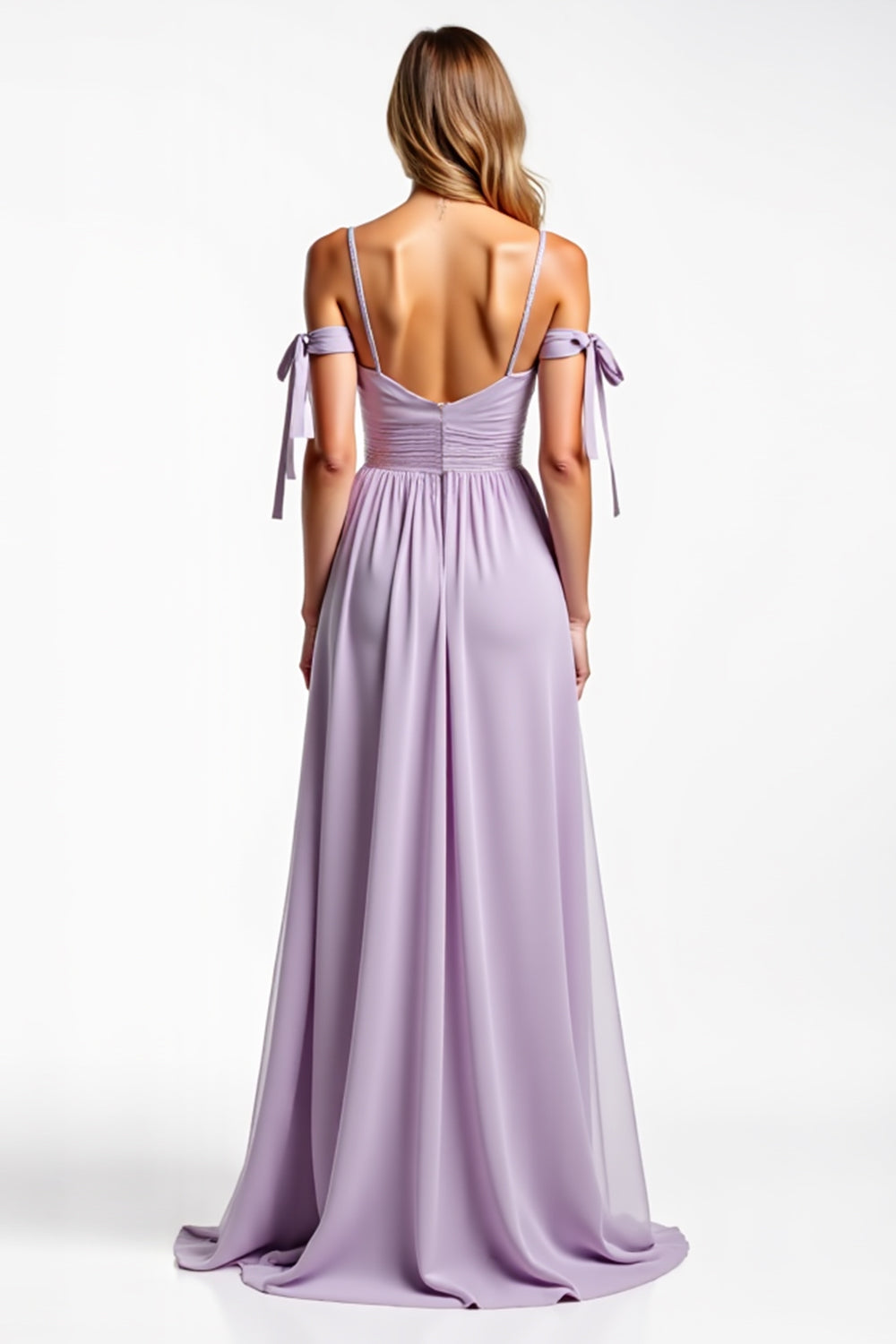 Spaghetti Straps Lilac Chiffon Ruched A Line Long Bridesmaid Dress