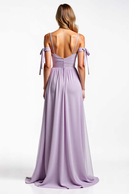 Spaghetti Straps Lilac Chiffon Ruched A Line Long Bridesmaid Dress