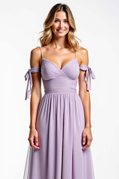 Spaghetti Straps Lilac Chiffon Ruched A Line Long Bridesmaid Dress