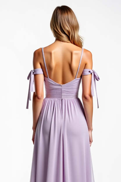 Spaghetti Straps Lilac Chiffon Ruched A Line Long Bridesmaid Dress
