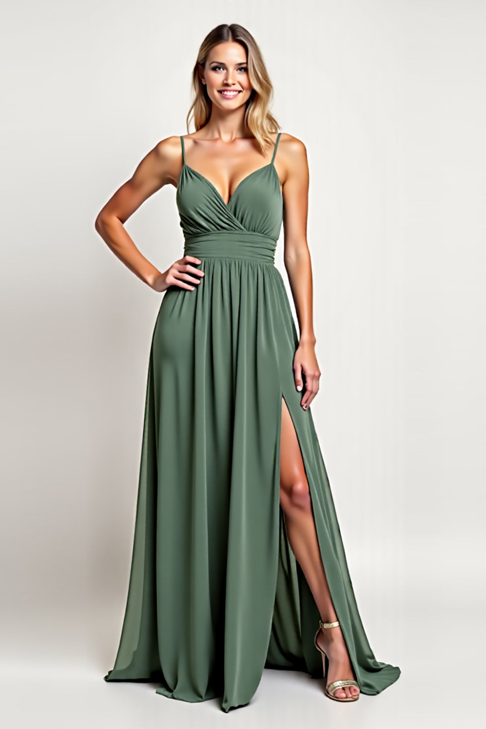 Chiffon Eucalyptus A Line V Neck Long Bridesmaid Dress with Slit