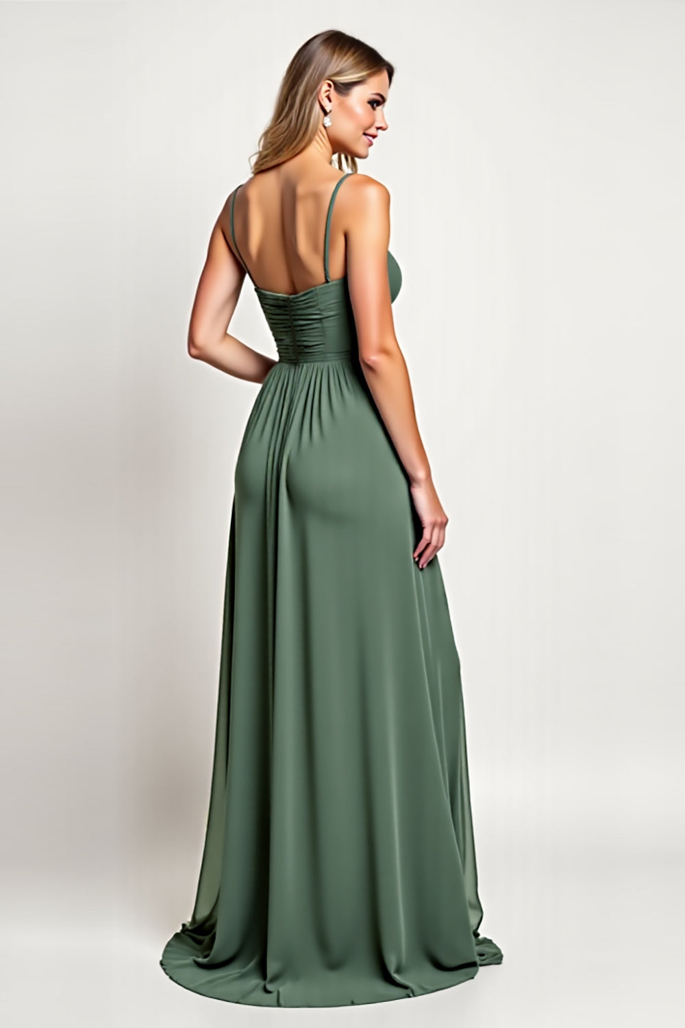 Chiffon Eucalyptus A Line V Neck Long Bridesmaid Dress with Slit