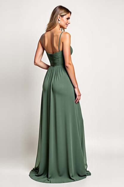 Chiffon Eucalyptus A Line V Neck Long Bridesmaid Dress with Slit