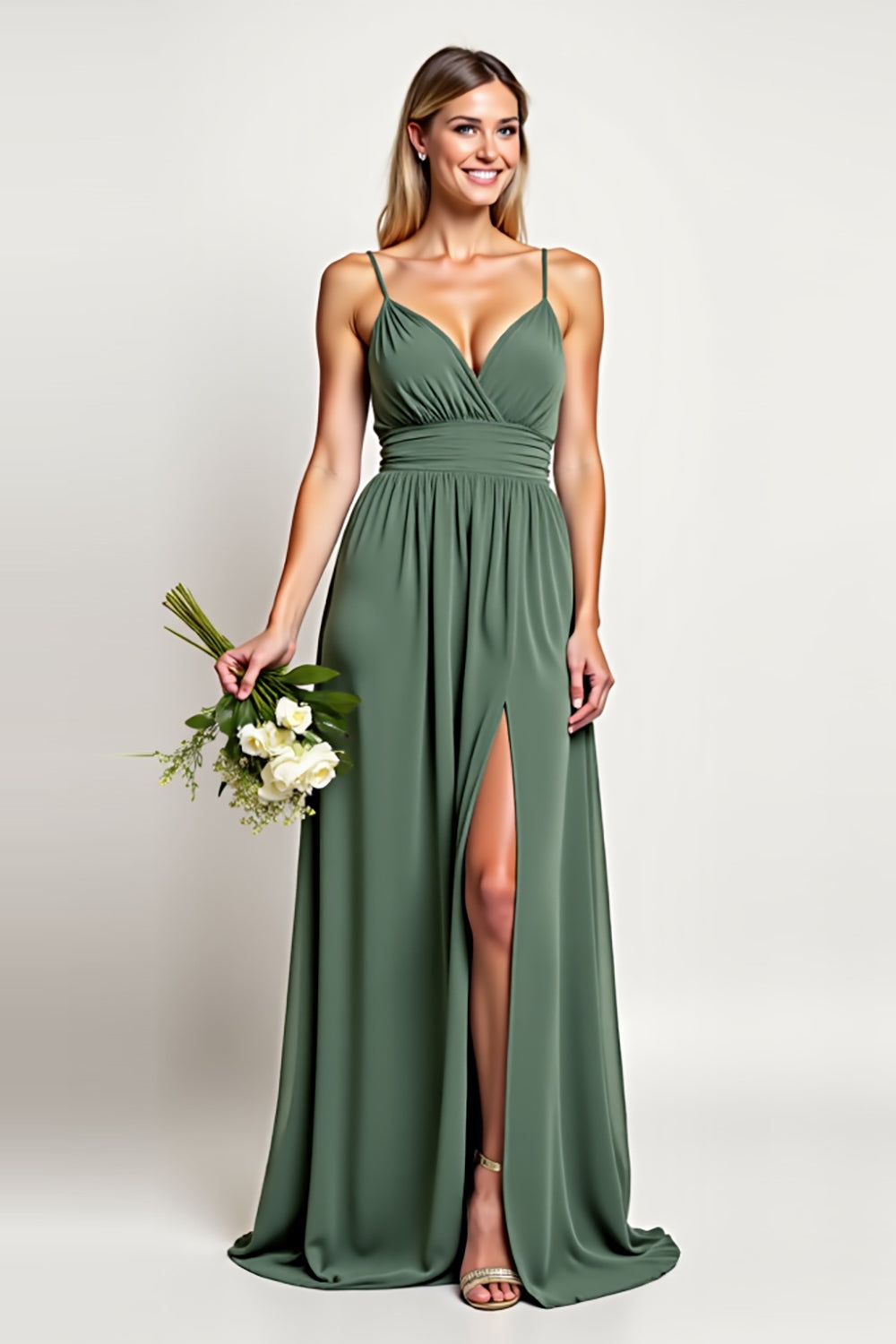 Leely Women Chiffon Eucalyptus A Line Long Bridesmaid Dress with Slit Spaghetti Straps V-Neck Wedding Guest Dress