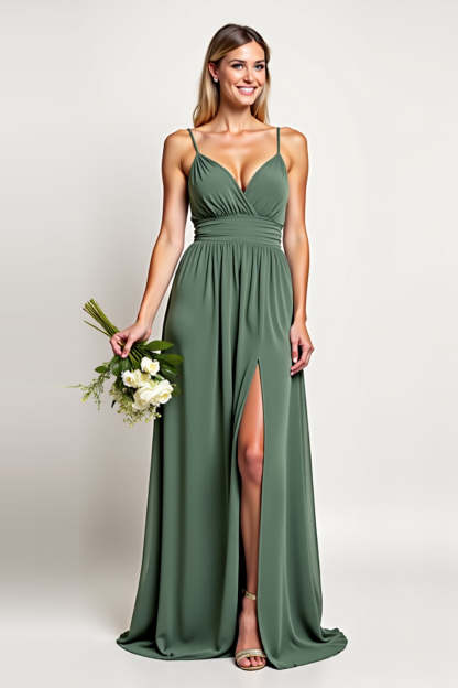 Leely Women Chiffon Eucalyptus A Line Long Bridesmaid Dress with Slit Spaghetti Straps V-Neck Wedding Guest Dress