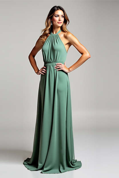 Leely Women Eucalyptus A Line Halter Neck Long Bridesmaid Dress Backless Sleeveless Wedding Guest Dress