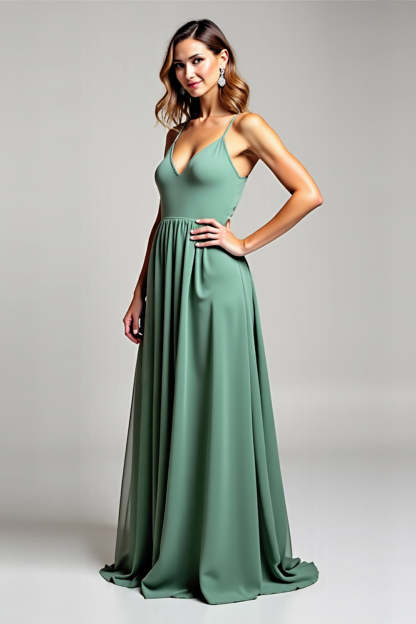 Leely Women V-Neck Eucalyptus Chiffon Long Bridesmaid Dress Backless Spaghetti Straps Wedding Guest Dress