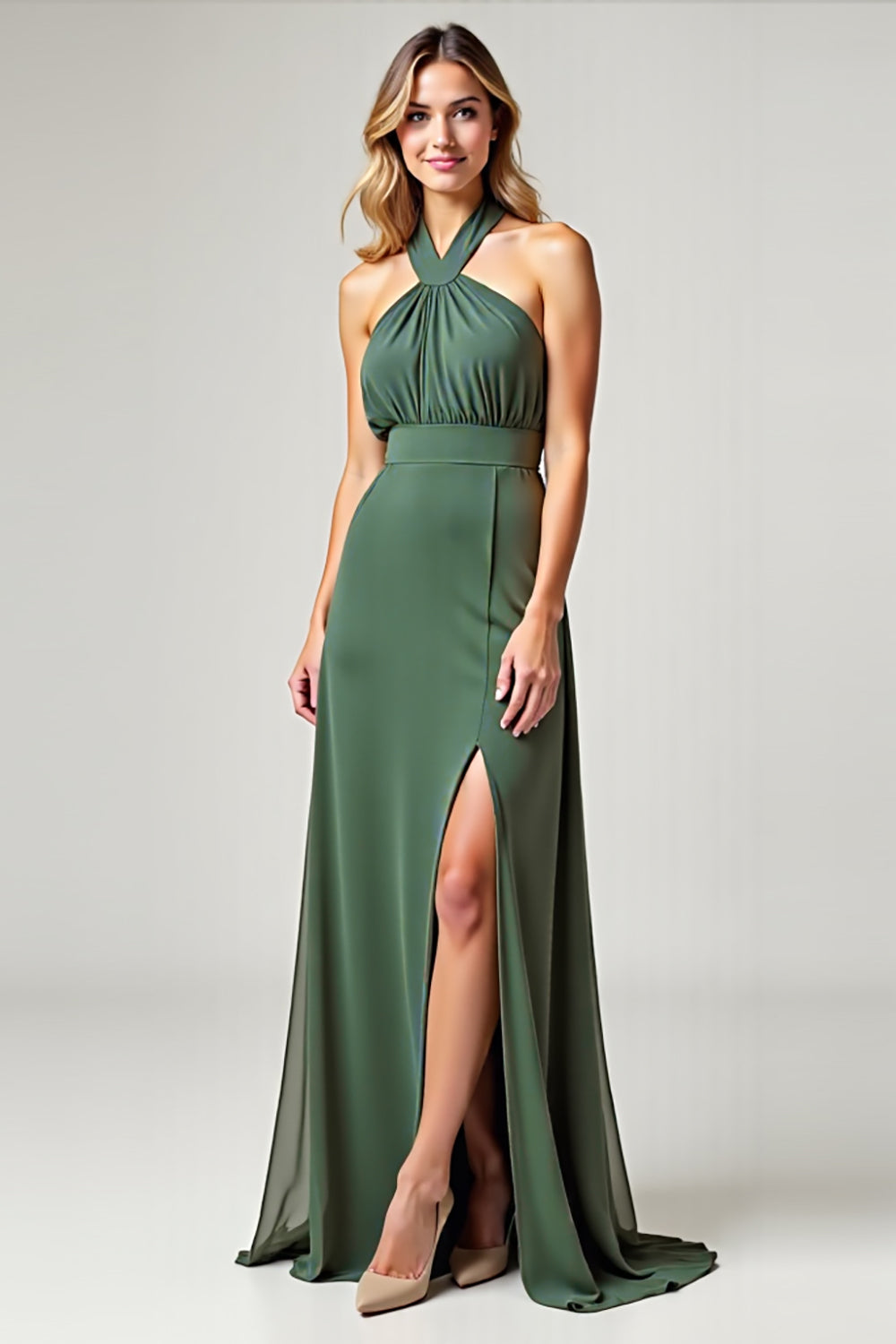 Leely Women Chiffon Eucalyptus Halter Neck Long Bridesmaid Dress with Slit A Line Sleeveless Formal Dress