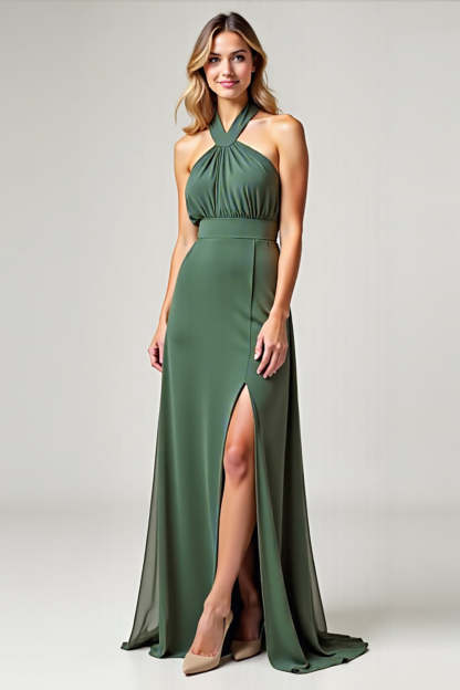 Leely Women Chiffon Eucalyptus Halter Neck Long Bridesmaid Dress with Slit A Line Sleeveless Formal Dress