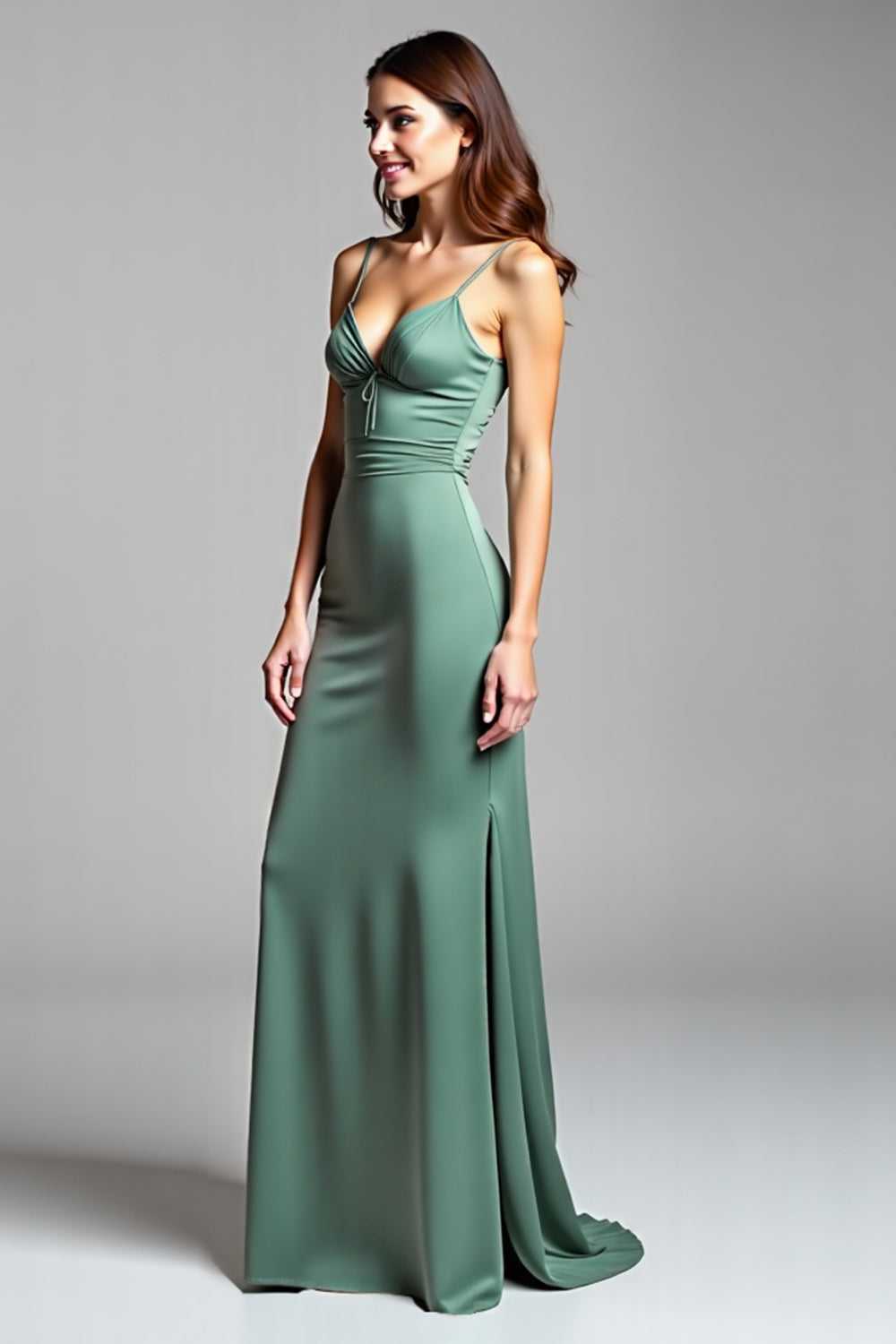 Eucalyptus Backless Satin V Neck Long Bridesmaid Dress