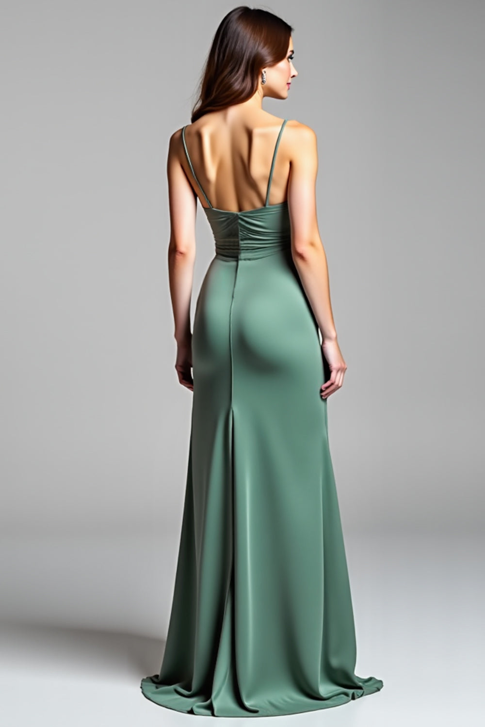 Eucalyptus Backless Satin V Neck Long Bridesmaid Dress