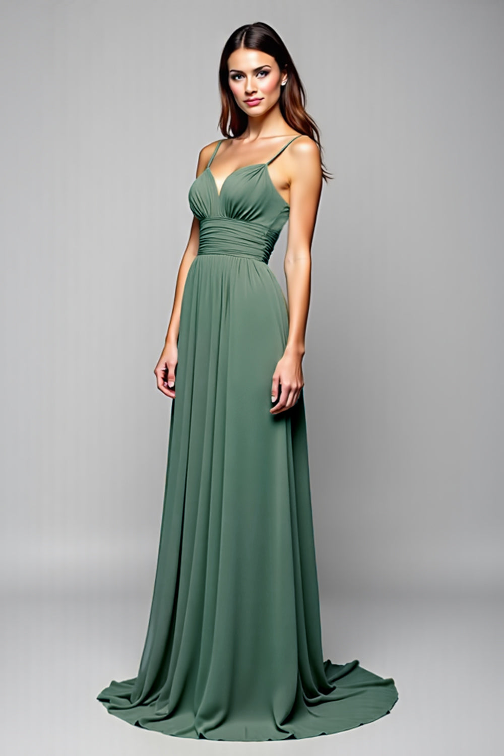 Leely Women A Line Eucalyptus Ruched Long Bridesmaid Dress Spaghetti Straps Chiffon Wedding Guest Dress