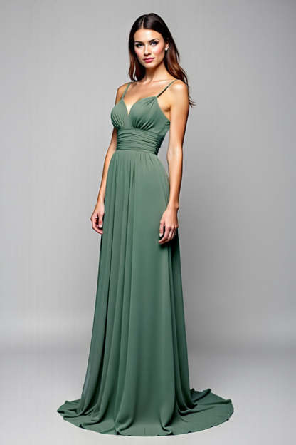 Leely Women A Line Eucalyptus Ruched Long Bridesmaid Dress Spaghetti Straps Chiffon Wedding Guest Dress