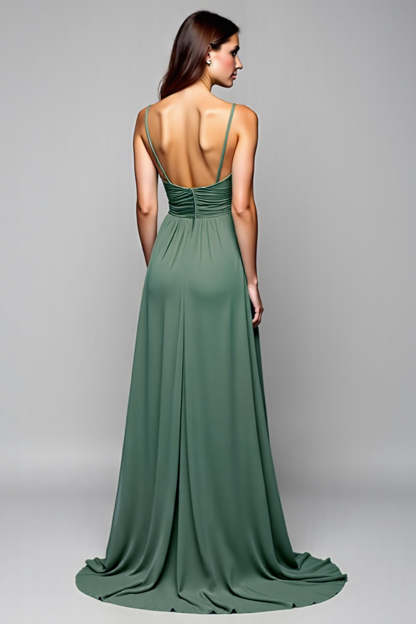 A Line Eucalyptus Ruched Backless Long Bridesmaid Dress