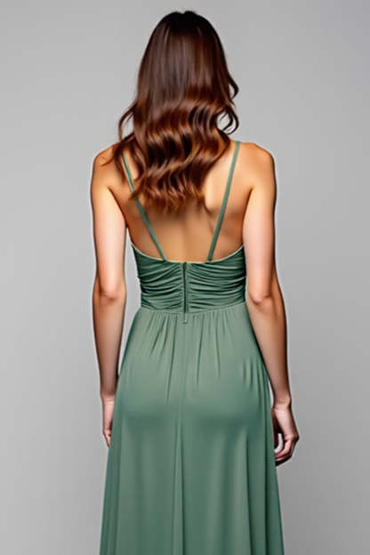 A Line Eucalyptus Ruched Backless Long Bridesmaid Dress