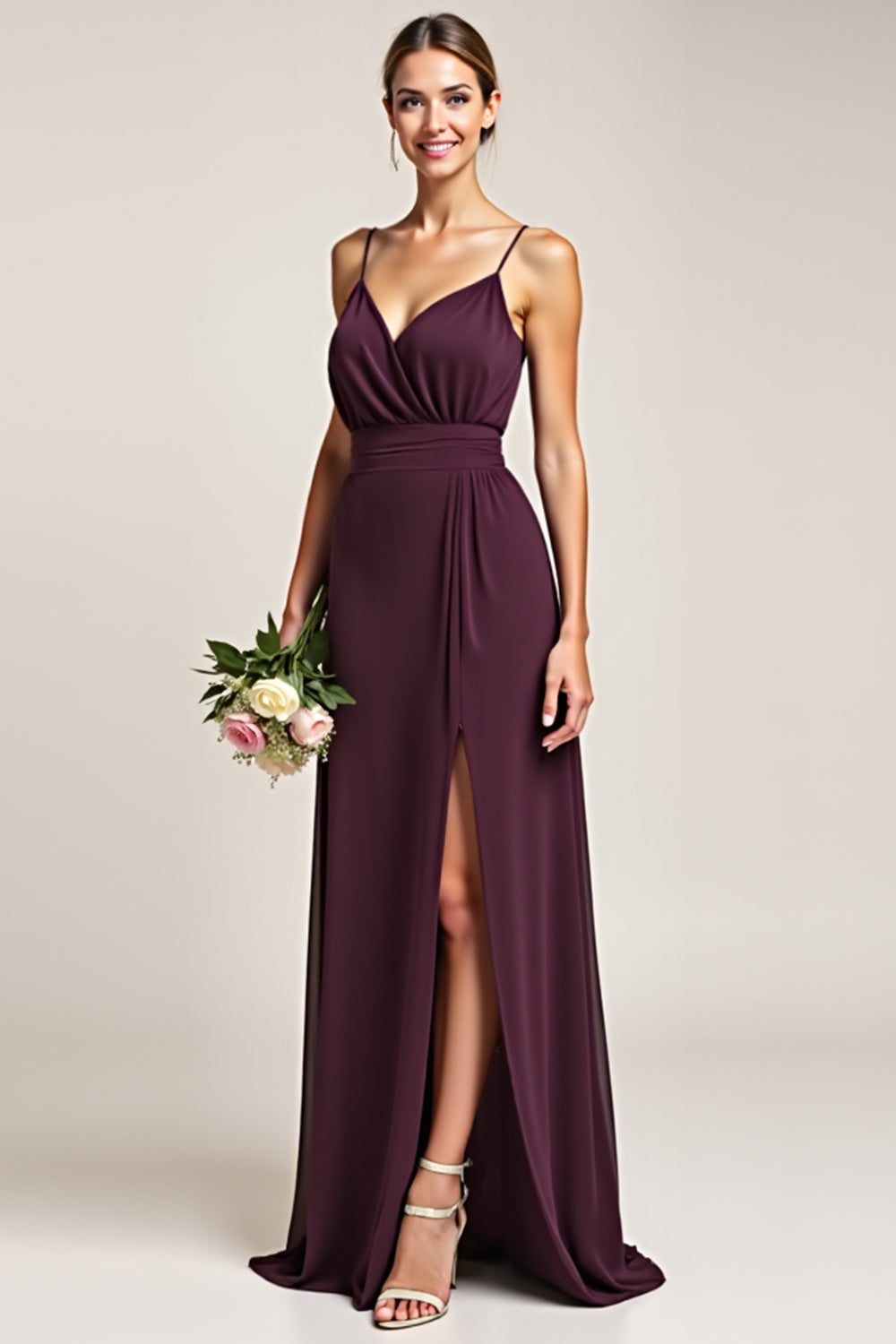 Leely Women Purple A Line Chiffon Long Bridesmaid Dress with Slit Spaghetti Straps V-Neck Formal Dress