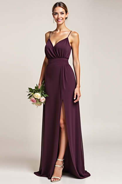 Leely Women Purple A Line Chiffon Long Bridesmaid Dress with Slit Spaghetti Straps V-Neck Formal Dress