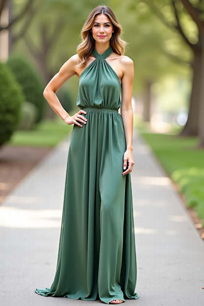 Leely Women Halter Neck Eucalyptus Chiffon Long Bridesmaid Dress Backless A Line Wedding Guest Dress