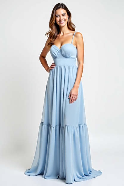 Leely Women Sweetheart Sky Blue Chiffon Long Bridesmaid Dress Spaghetti Straps Backless A Line High Waist Wedding Guest Dress