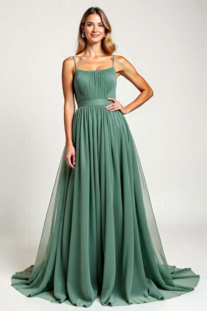 Leely Women Eucalyptus Chiffon Long A Line Bridesmaid Dress Backless Spaghetti Straps Square Neck Pleated Formal Dress