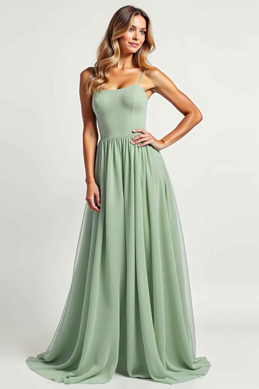 Dusty Sage Long A Line Square Neck Bridesmaid Dress with Slit