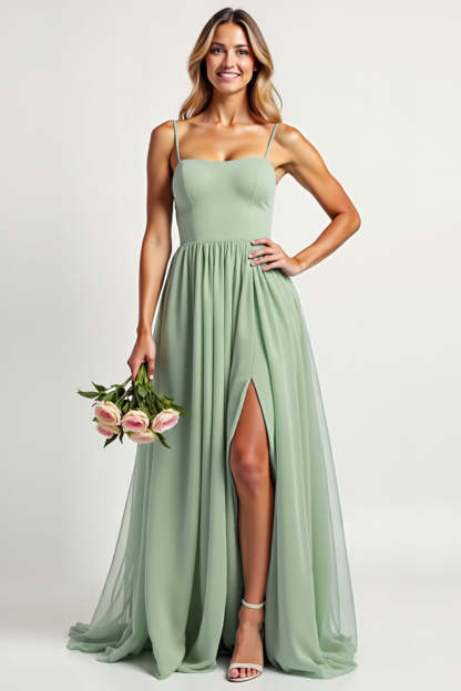 Leely Women Dusty Sage Long A Line Chiffon Bridesmaid Dress Spaghetti Straps Square Neck Ruched Backless Formal Dress