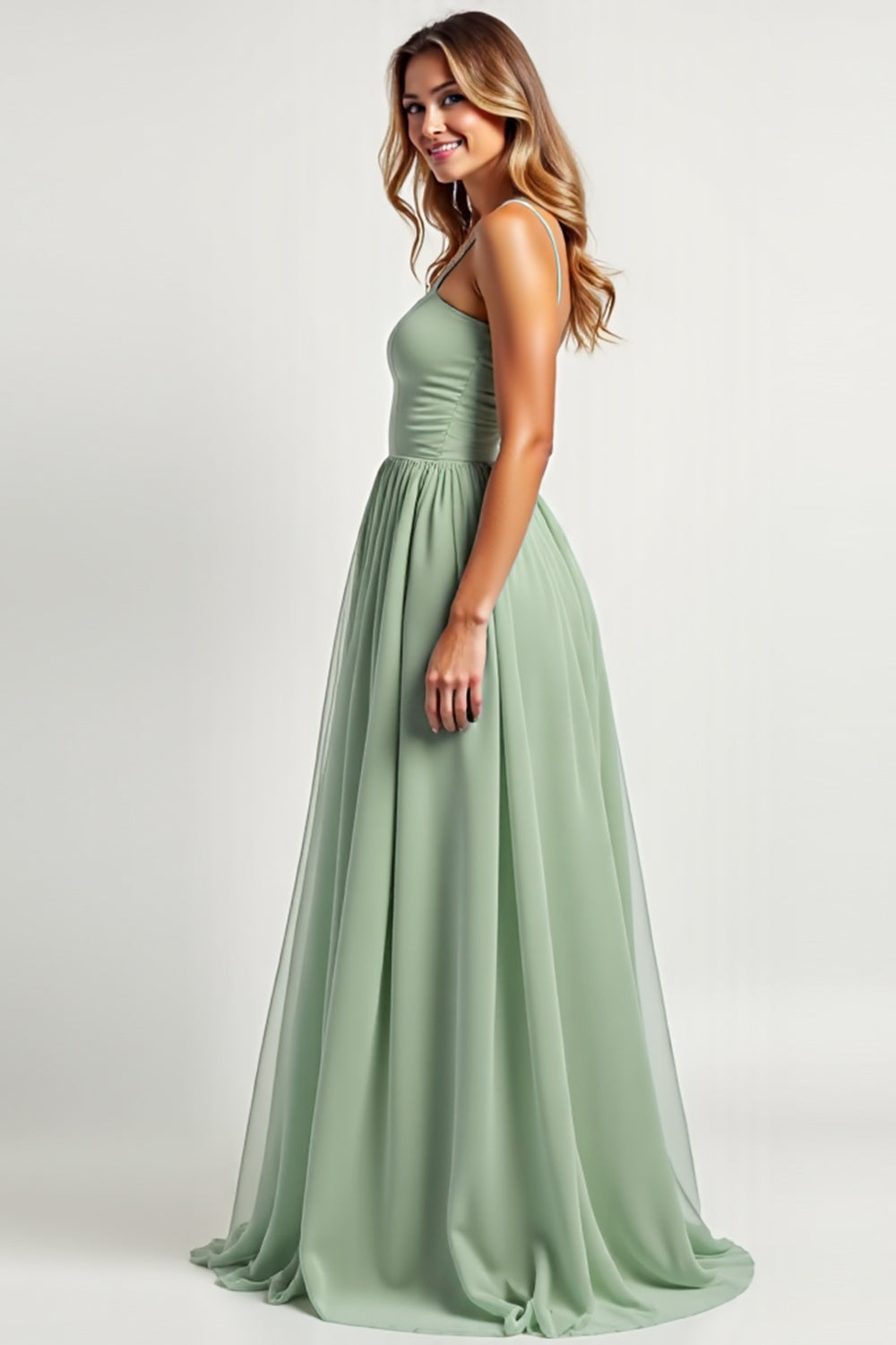 Dusty Sage Long A Line Square Neck Bridesmaid Dress with Slit