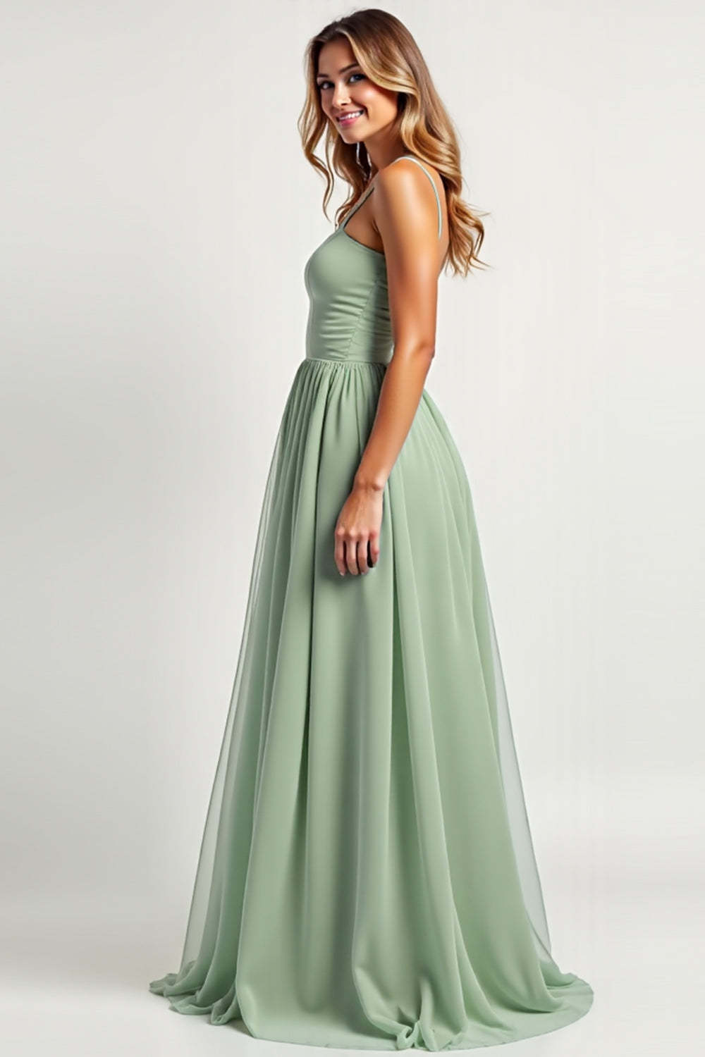 Dusty Sage Long A Line Square Neck Bridesmaid Dress with Slit