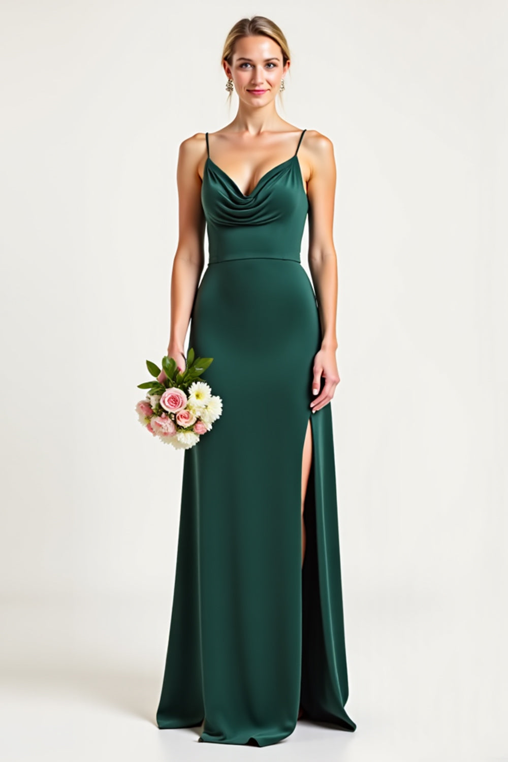 Leely Women Pine Sheath Long Bridesmaid Dress with Slit Cowl Neck Satin Spaghetti Straps Backless Formal Dress