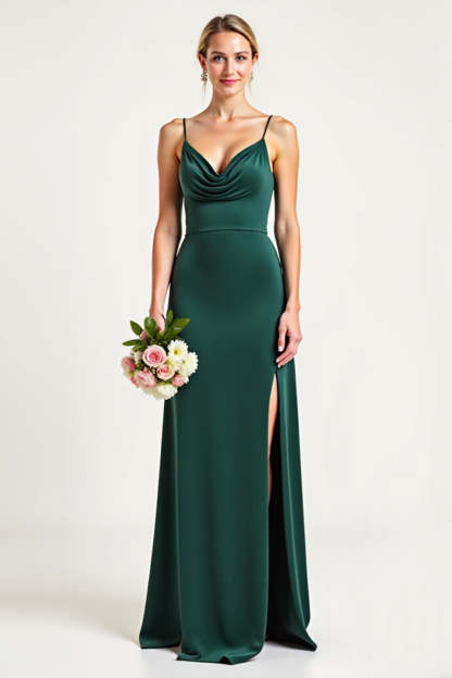 Leely Women Pine Sheath Long Bridesmaid Dress with Slit Cowl Neck Satin Spaghetti Straps Backless Formal Dress