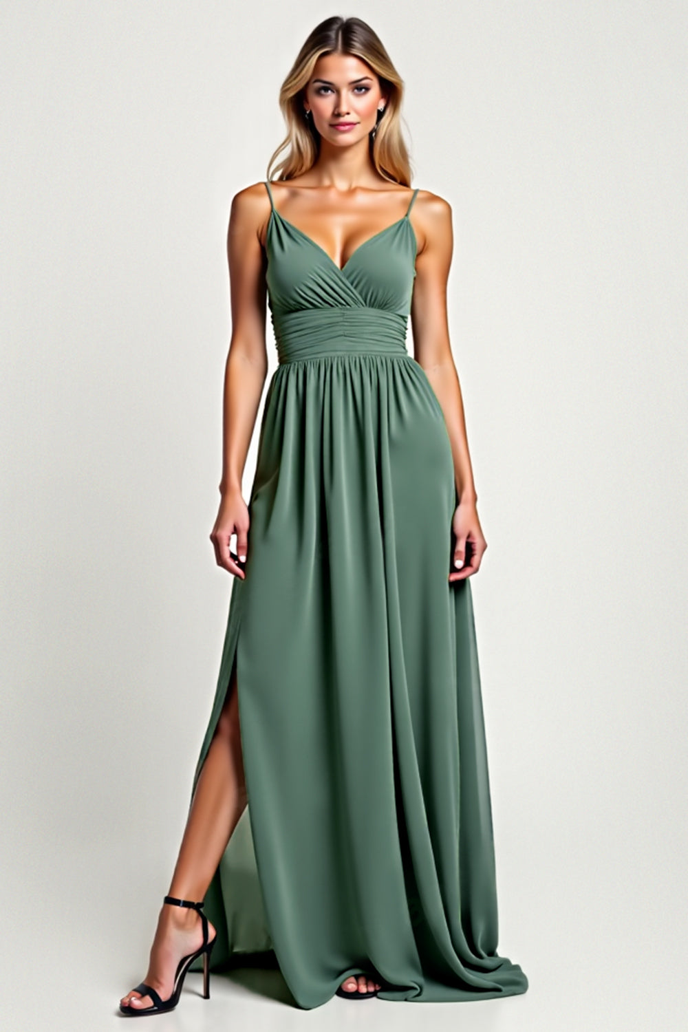 Leely Women A Line Eucalyptus Chiffon Long Bridesmaid Dress with Slit Spaghetti Straps V-Neck Ruched Backless Formal Dress