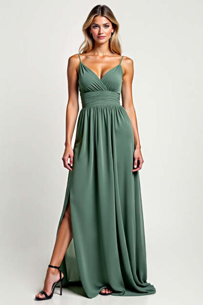 Leely Women A Line Eucalyptus Chiffon Long Bridesmaid Dress with Slit Spaghetti Straps V-Neck Ruched Backless Formal Dress